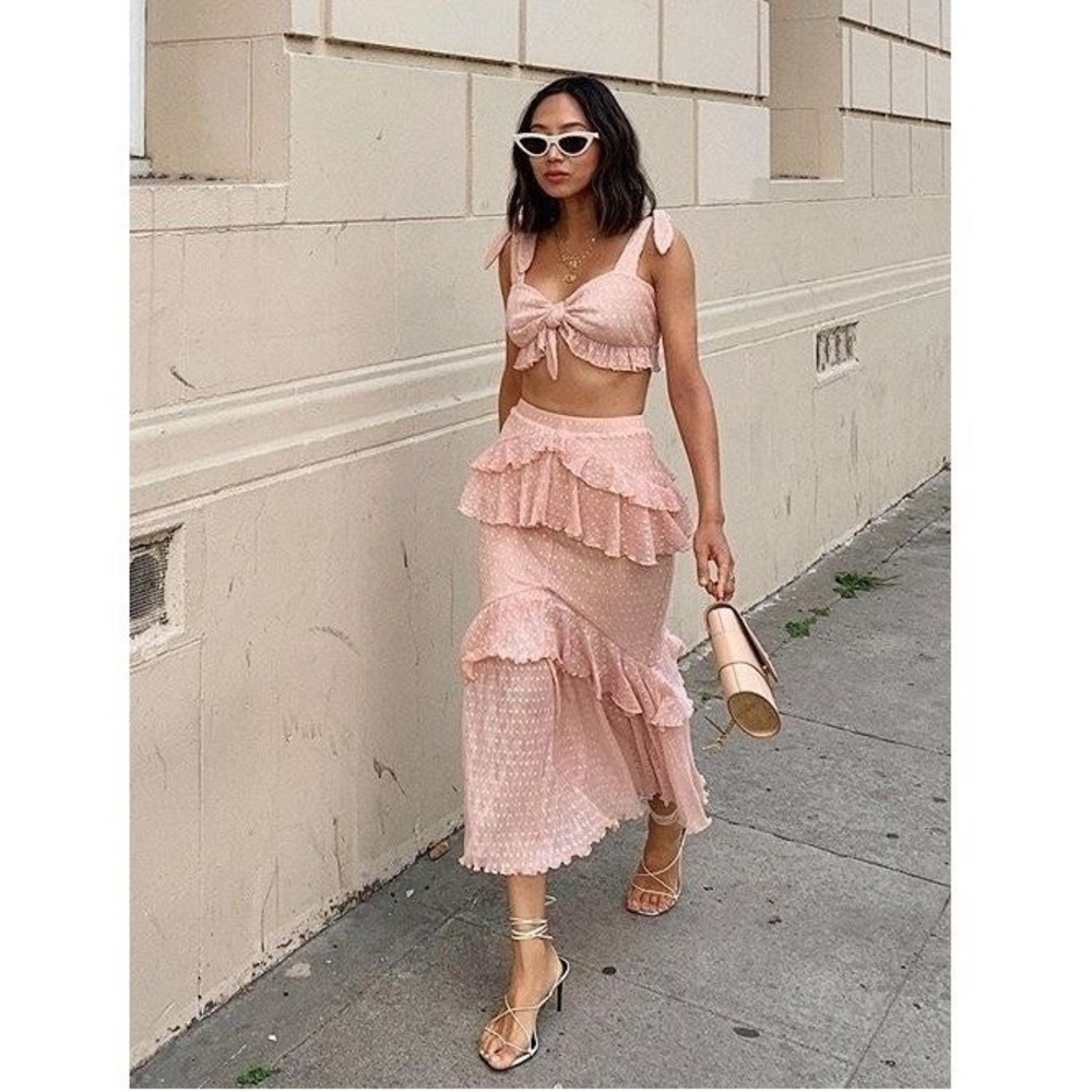 Pink‎ Ruffle Lace Skirt Crop Top Set Boho Coquette Romantic Festival S M